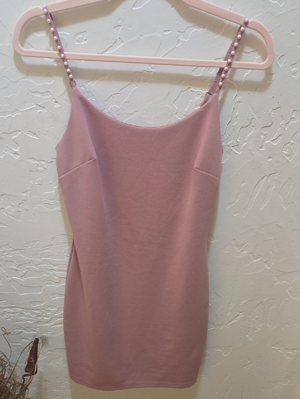 iris Dusty Rose Bodycon Mini Dress with Adjustablev Pearl-Strap Detail